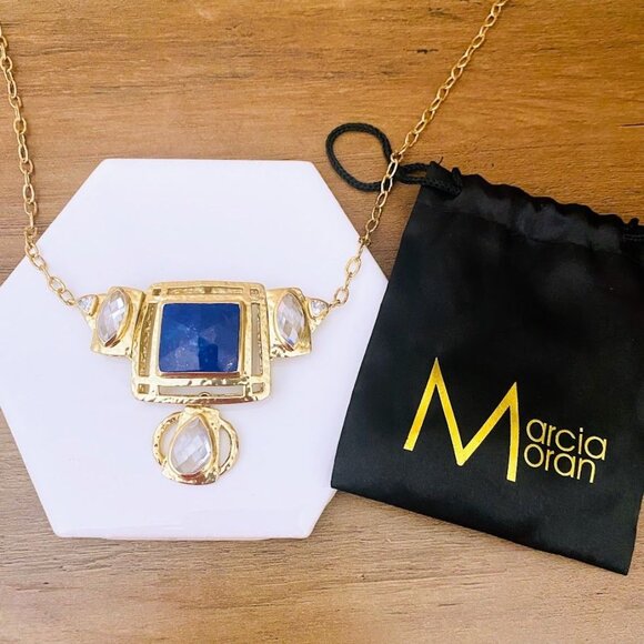 💜 Marcia Moran 18k Gold Plated Lapis Necklace with Teardrop Zirconia - Picture 1 of 5